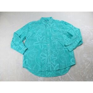 Fresh Produce Shirt Womens Large Green Floral Button Up Long Sleeve Ladies